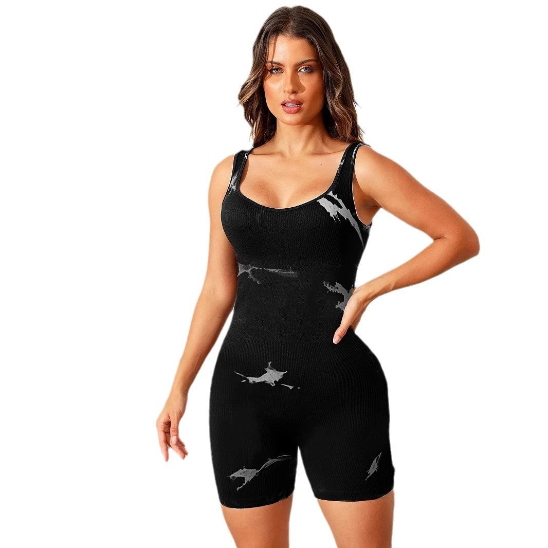 Women's Square Collar Tie-dye Wide Shoulder Strap Sports Close-fitting Union Suit