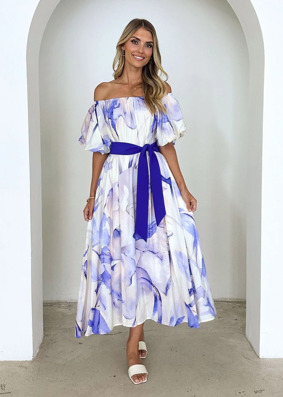 European American Summer New Temperament Shoulder Waist Puff Sleeve Printed Large Swing Dress