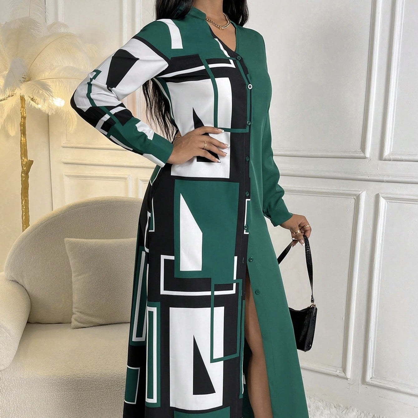 Women's V-neck Fashionable Printed Long Dress