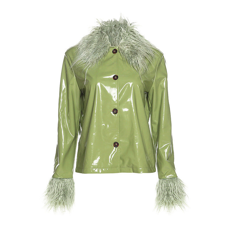Women's Fur Collar Single-breasted Slim Warm Leather Jacket