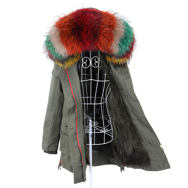 New Big Natural Real Raccoon Fur Collar Coat Luxu
