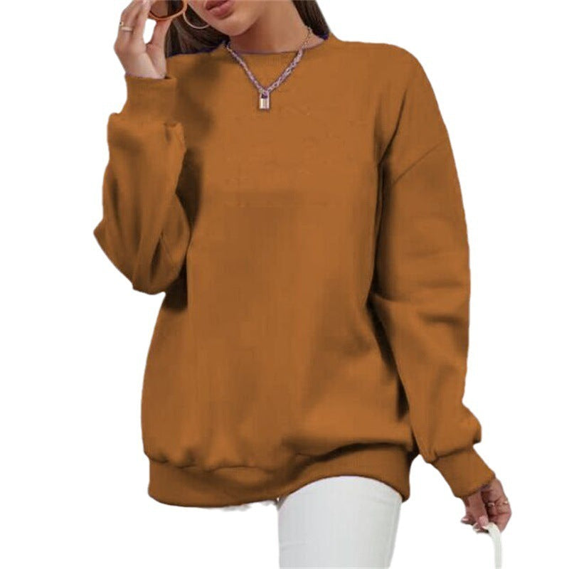 Fleece-lined Thick Round Neck Loose-fitting Solid Color Long Sleeves Sweater