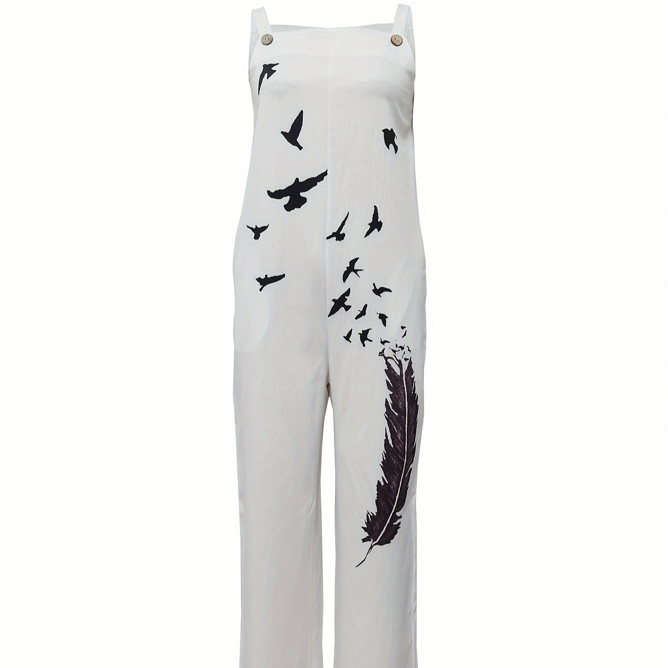 Women's Linen Workwear, Casual Version, Casual Feather Print, Sleeveless Bib, Vacation Lazy Jumpsuit, Jumpsuit