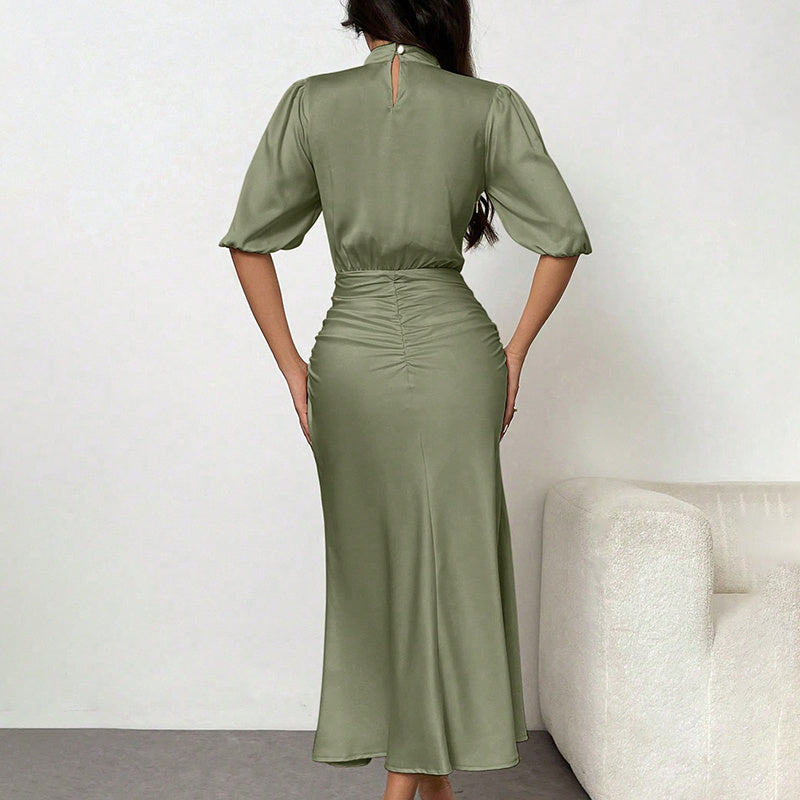 Women's Short Sleeve Mock Neck Ruched Midi Dress Slim Fit Elegant Party Dress