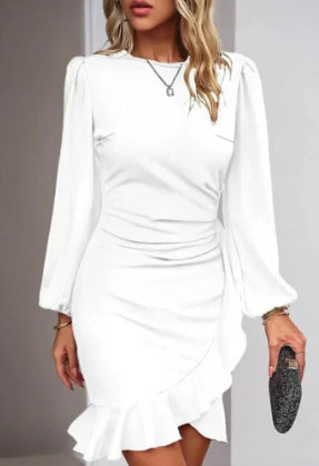 Women's Puff Long Sleeve Fashion Graceful Solid Color Slim Hip-covering Short Dress Womens Clothing