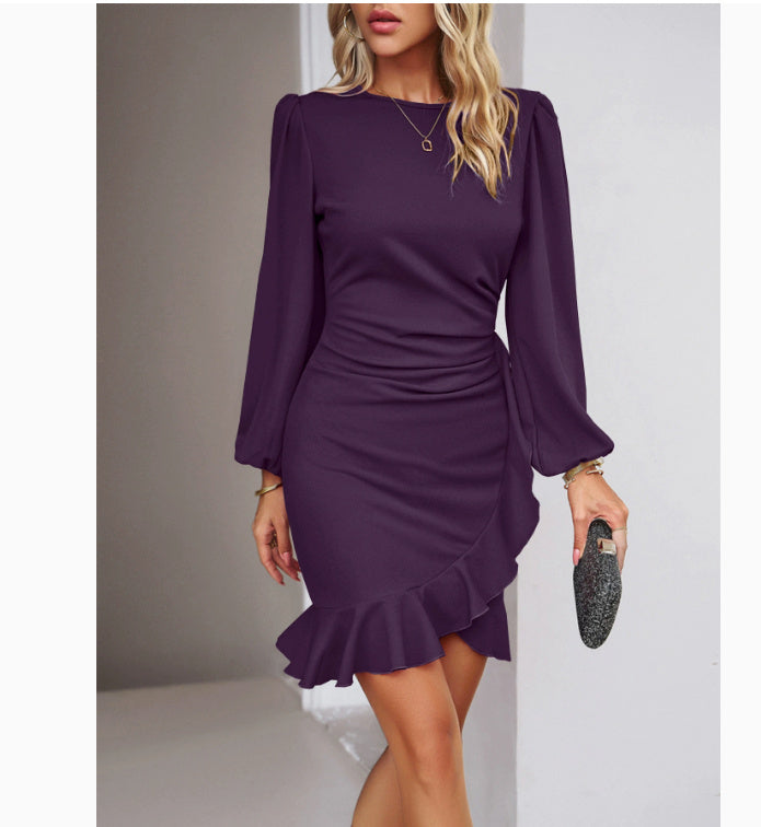 Women's Puff Long Sleeve Fashion Graceful Solid Color Slim Hip-covering Short Dress Womens Clothing