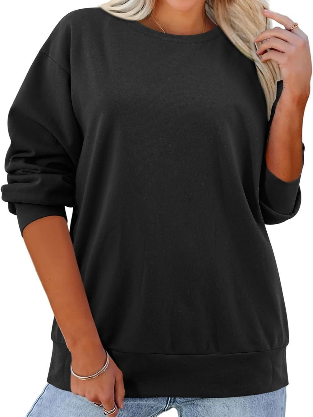 Fleece-lined Thick Round Neck Loose-fitting Solid Color Long Sleeves Sweater