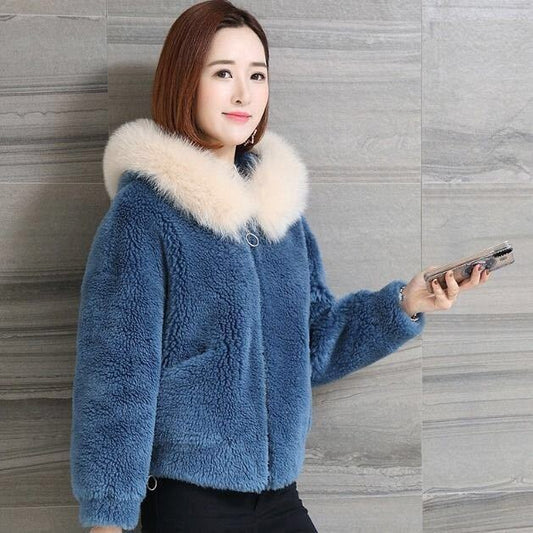 Hooded Lamb Wool Granulated Velvet Coat