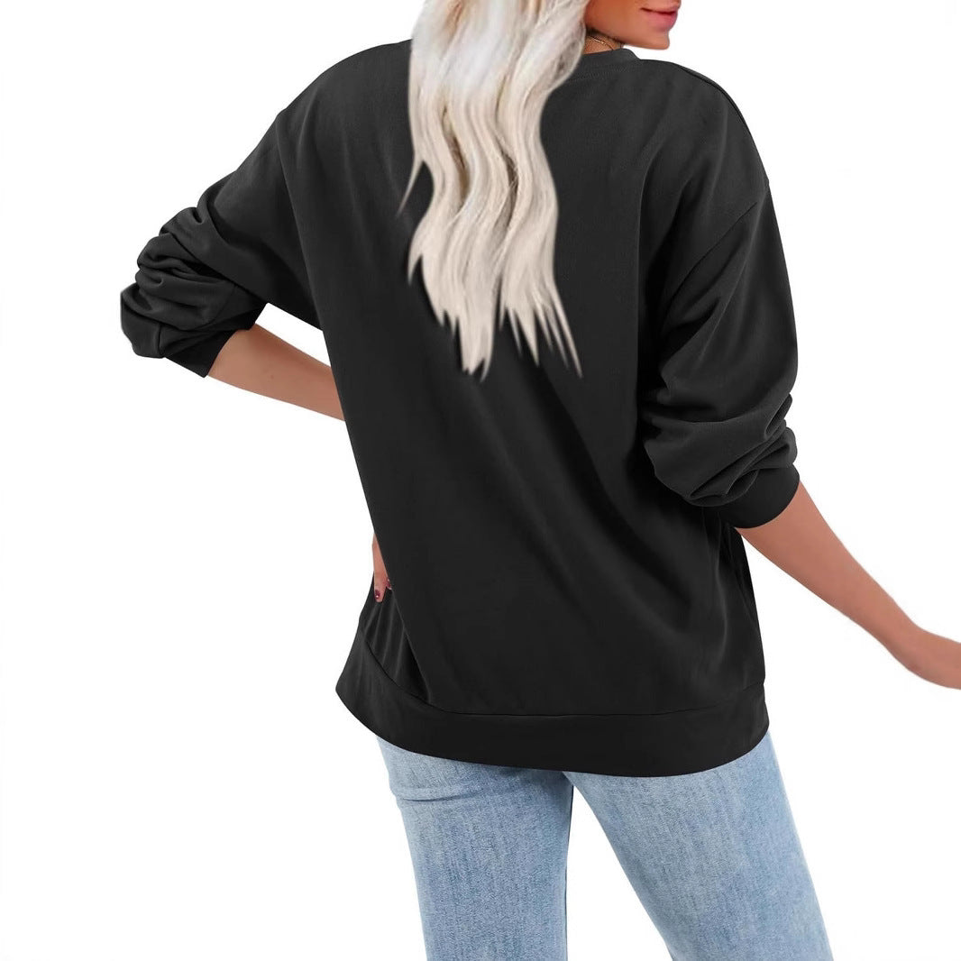 Fleece-lined Thick Round Neck Loose-fitting Solid Color Long Sleeves Sweater