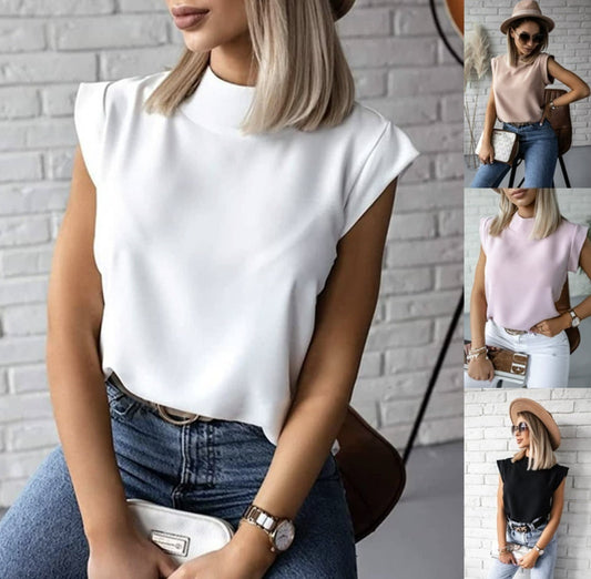 Minimalist summer shirt for women with soft, short sleeves and a modern stand collar. Perfect button-up top for stylish comfort and casual elegance.