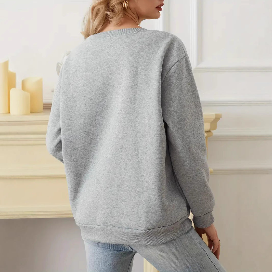 Fleece-lined Thick Round Neck Loose-fitting Solid Color Long Sleeves Sweater
