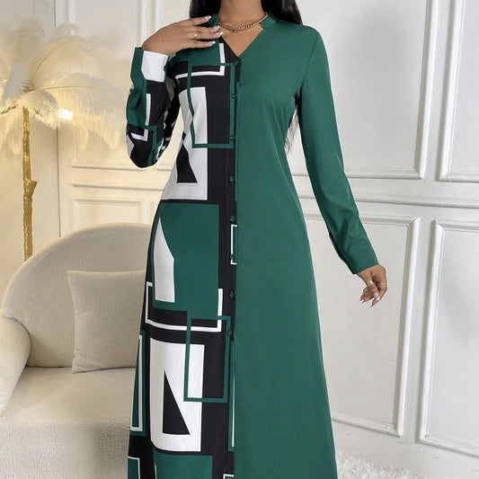 Women's V-neck Fashionable Printed Long Dress