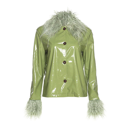Women's Fur Collar Single-breasted Slim Warm Leather Jacket