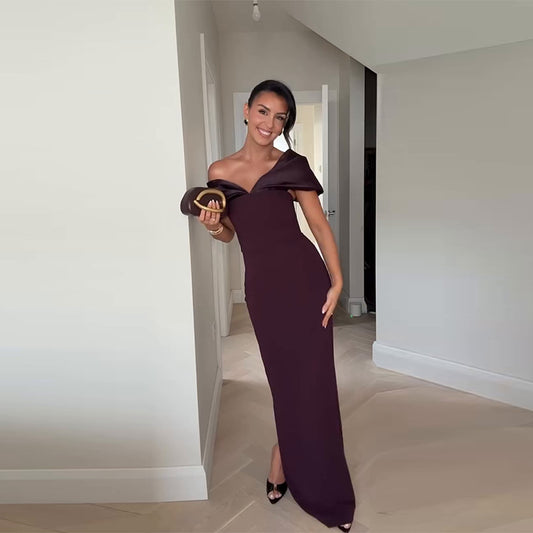 V-neck Slim-fit Waist Sheath Split Off-the-shoulder Dress