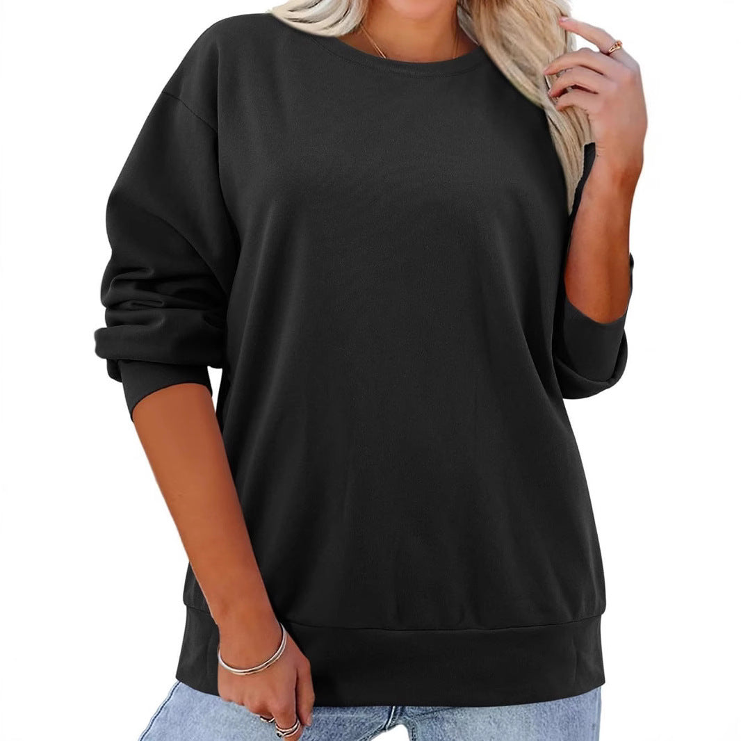 Fleece-lined Thick Round Neck Loose-fitting Solid Color Long Sleeves Sweater