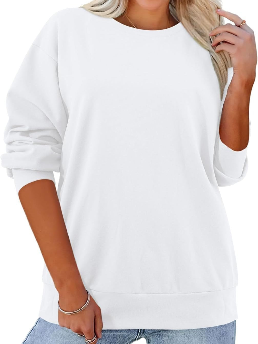 Fleece-lined Thick Round Neck Loose-fitting Solid Color Long Sleeves Sweater