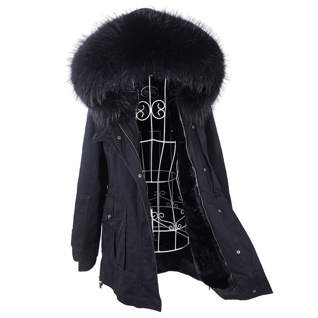 New Big Natural Real Raccoon Fur Collar Coat Luxu